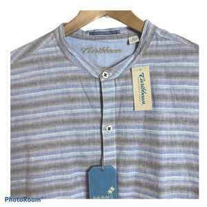 CARIBBEAN Mens Big 2XB Banded Collar Long Sleeve Linen Blend Shirt Tropical $89